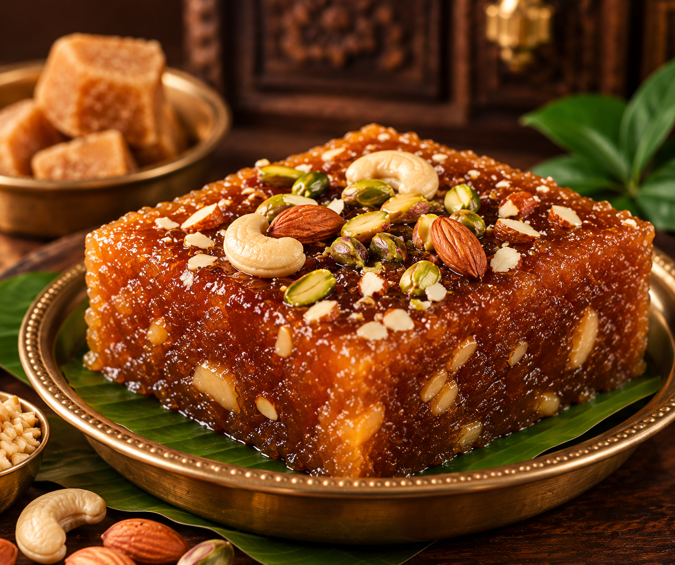 Bellam Jaggery Halwa topped with cashews